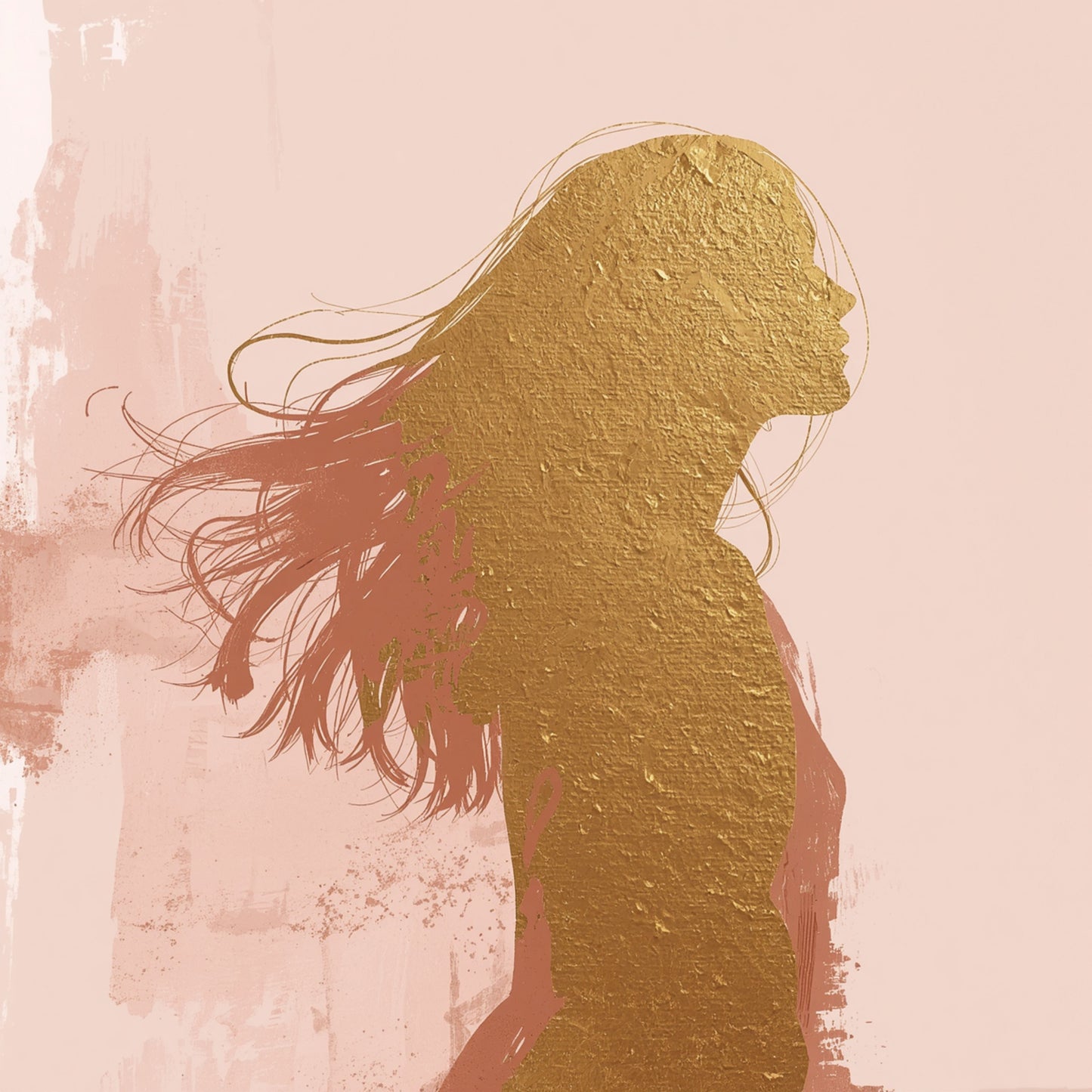 Schilderij met donker vrouwelijk silhouet met wapperende haren tegen een warme roze en gouden achtergrondgloed – krachtig vrouwelijk wall art print voor de slaapkamer
