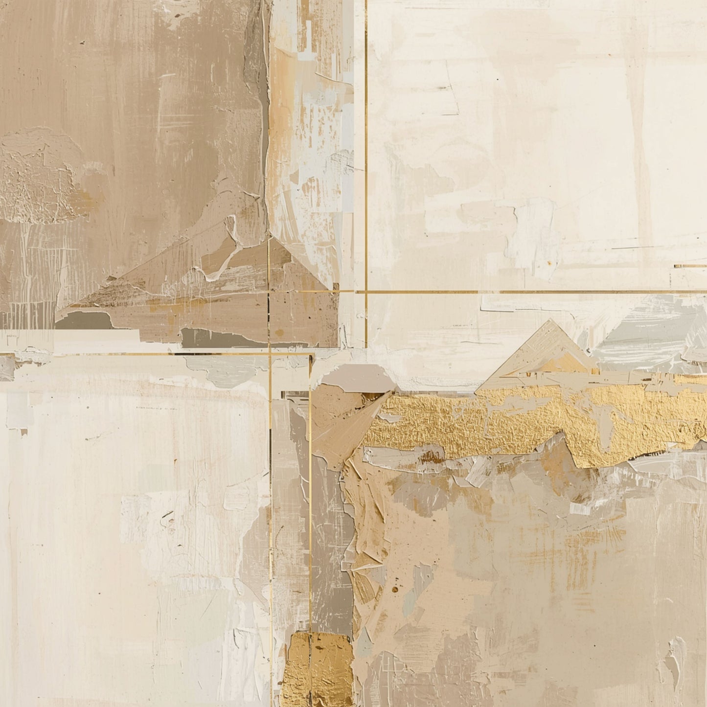 Abstract schilderij met organische rechthoekige vlakken in crème, beige en zachtgele tinten met expressieve penseelstructuur en subtiele okeraccenten – sereen minimalistisch wall art print voor de studeerkamer

