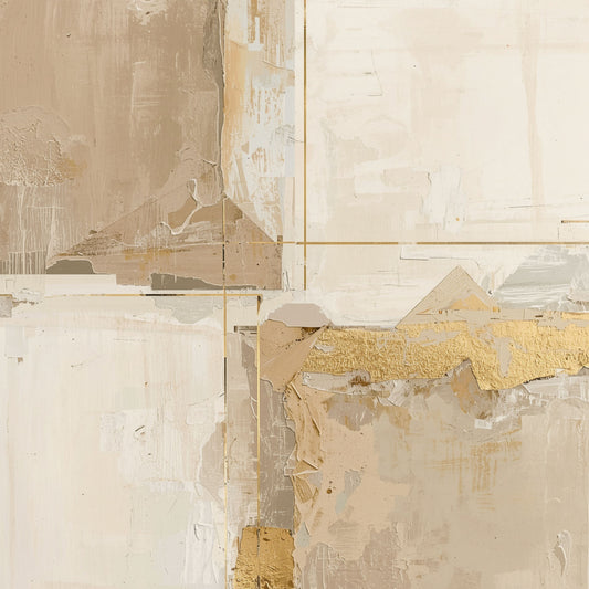 Abstract schilderij met organische rechthoekige vlakken in crème, beige en zachtgele tinten met expressieve penseelstructuur en subtiele okeraccenten – sereen minimalistisch wall art print voor de studeerkamer
