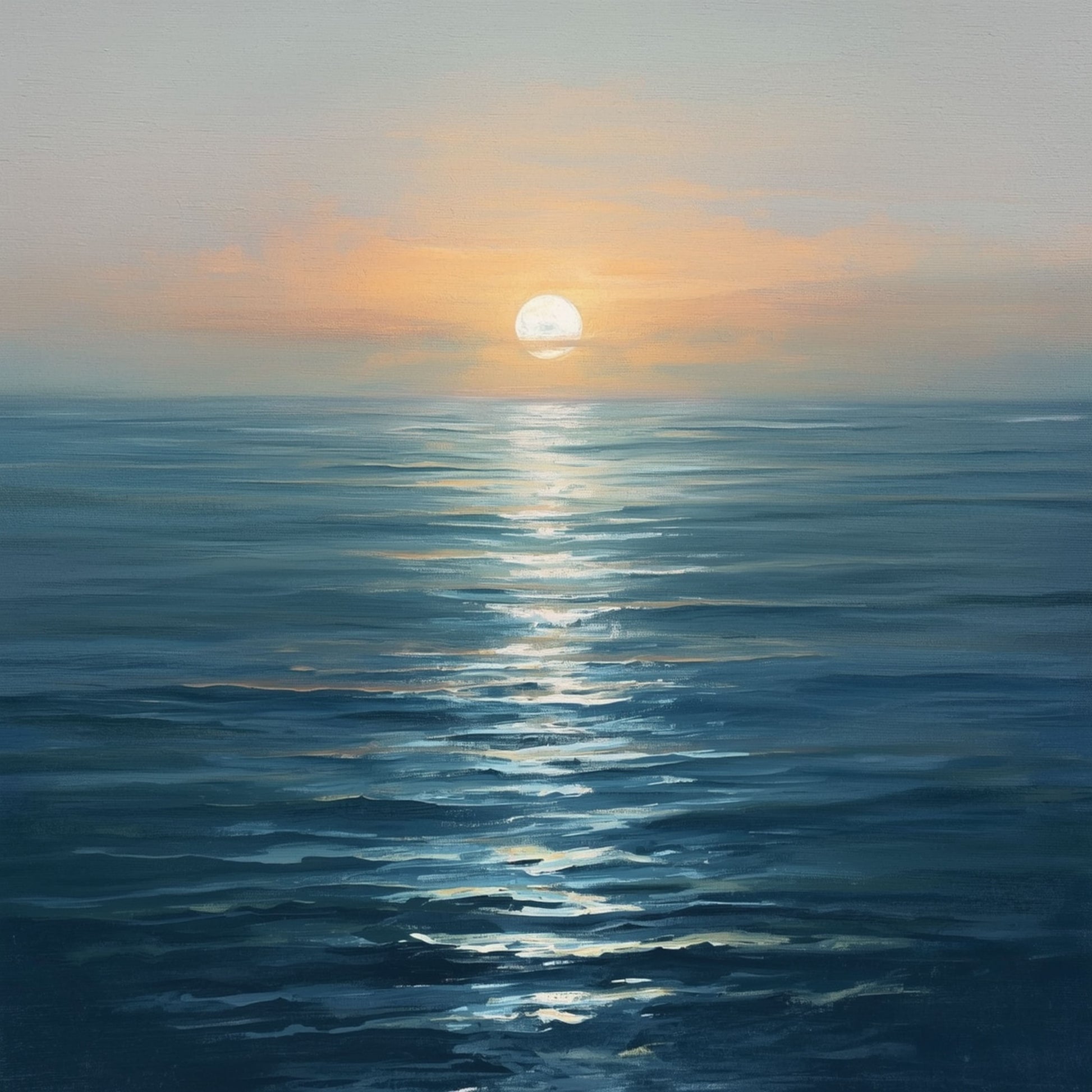 Realistisch zeeschilderij met grote gouden zon die ondergaat boven een kalme blauwe zee met gouden lichtreflecties op het spiegelende wateroppervlak – cinematisch fotorealistisch wall art print voor de slaapkamer
