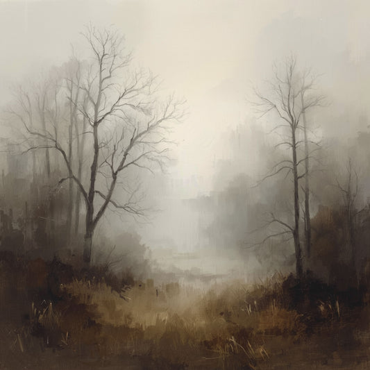 Mistig Bos Schilderij – Kale Bomen & Dromerige Mistsfeer in Warme Bruine Tinten
