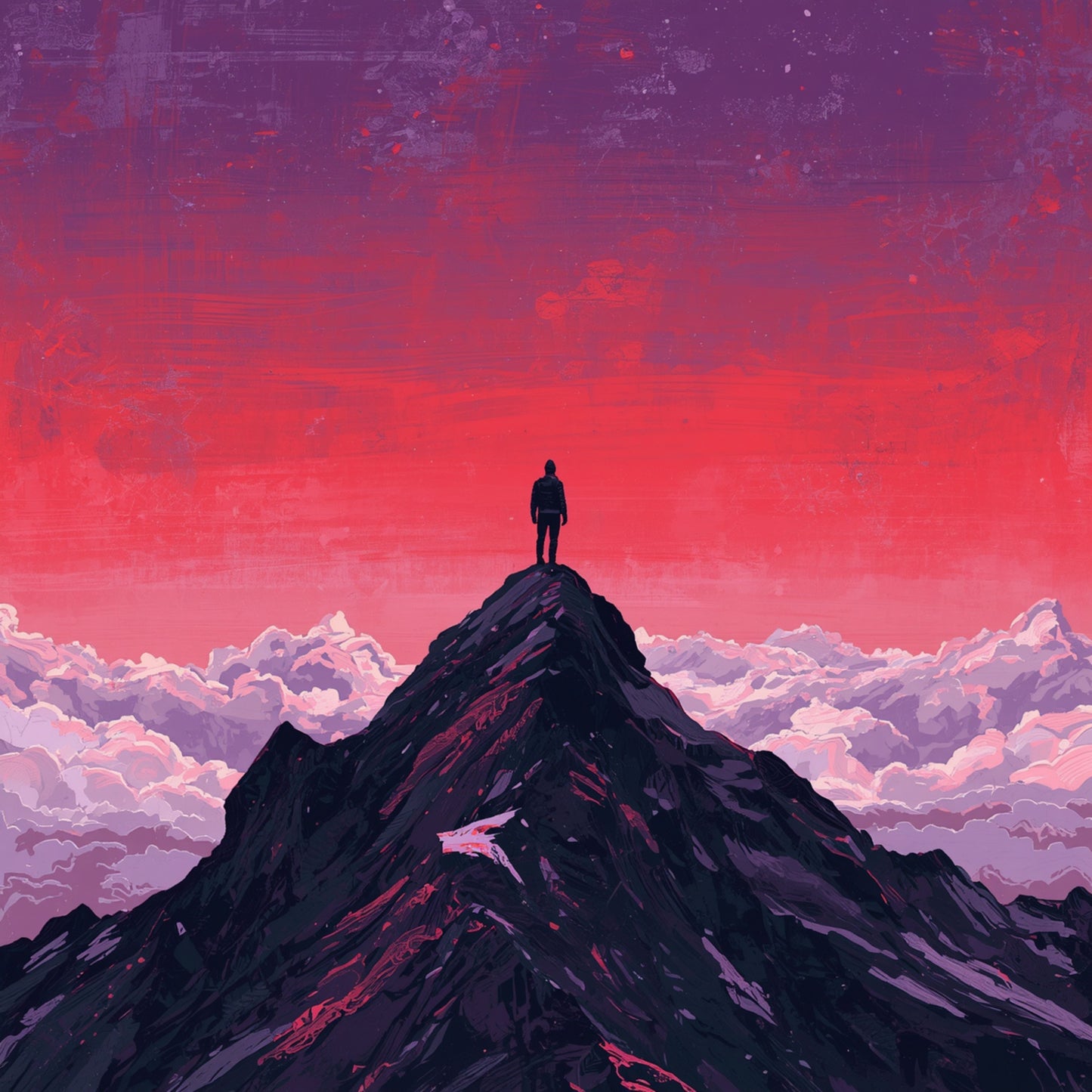 Bergpiek silhouet schilderij met eenzame figuur staand op donkere bergpiek boven zee van roze wolken onder vurig roze en magenta zonsondergangslucht met sterren – cinematisch digitaal wall art print

