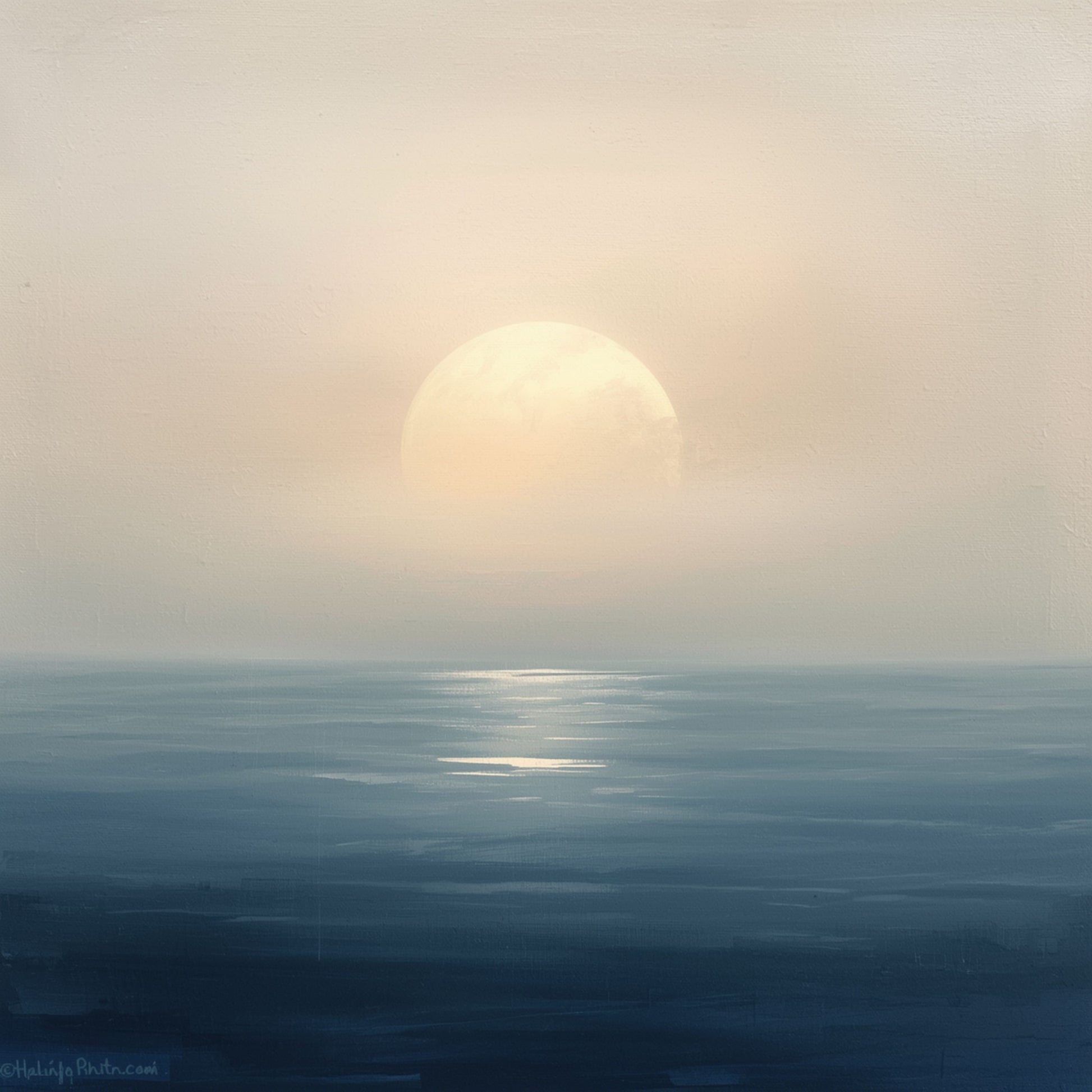 Abstract zeeschilderij met grote zachte gouden zon boven mistige horizon en donker kalm water in grijsblauwe tinten – dromerig cinematisch wall art print voor de slaapkamer
