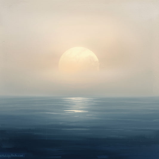 Abstract zeeschilderij met grote zachte gouden zon boven mistige horizon en donker kalm water in grijsblauwe tinten – dromerig cinematisch wall art print voor de slaapkamer
