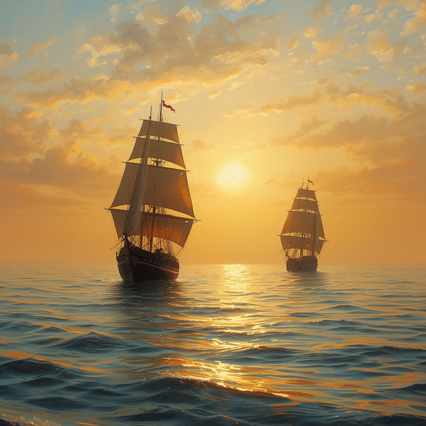 Zeilschip canvas schilderij met twee klassieke driemaster schepen op gouden zee bij zonsondergang met warme oranje lucht — premium wanddecoratie

