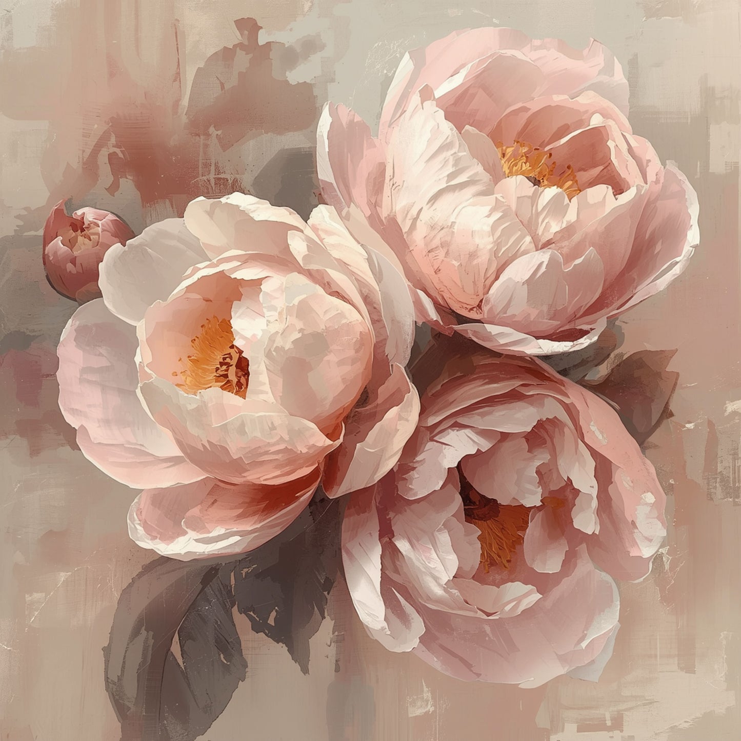 Schilderij met zachte roze pioenen in volle weelderige bloei met delicate bloembladen en zachte groene bladeren op warme beige achtergrond – romantisch botanisch wall art print voor de slaapkamer
