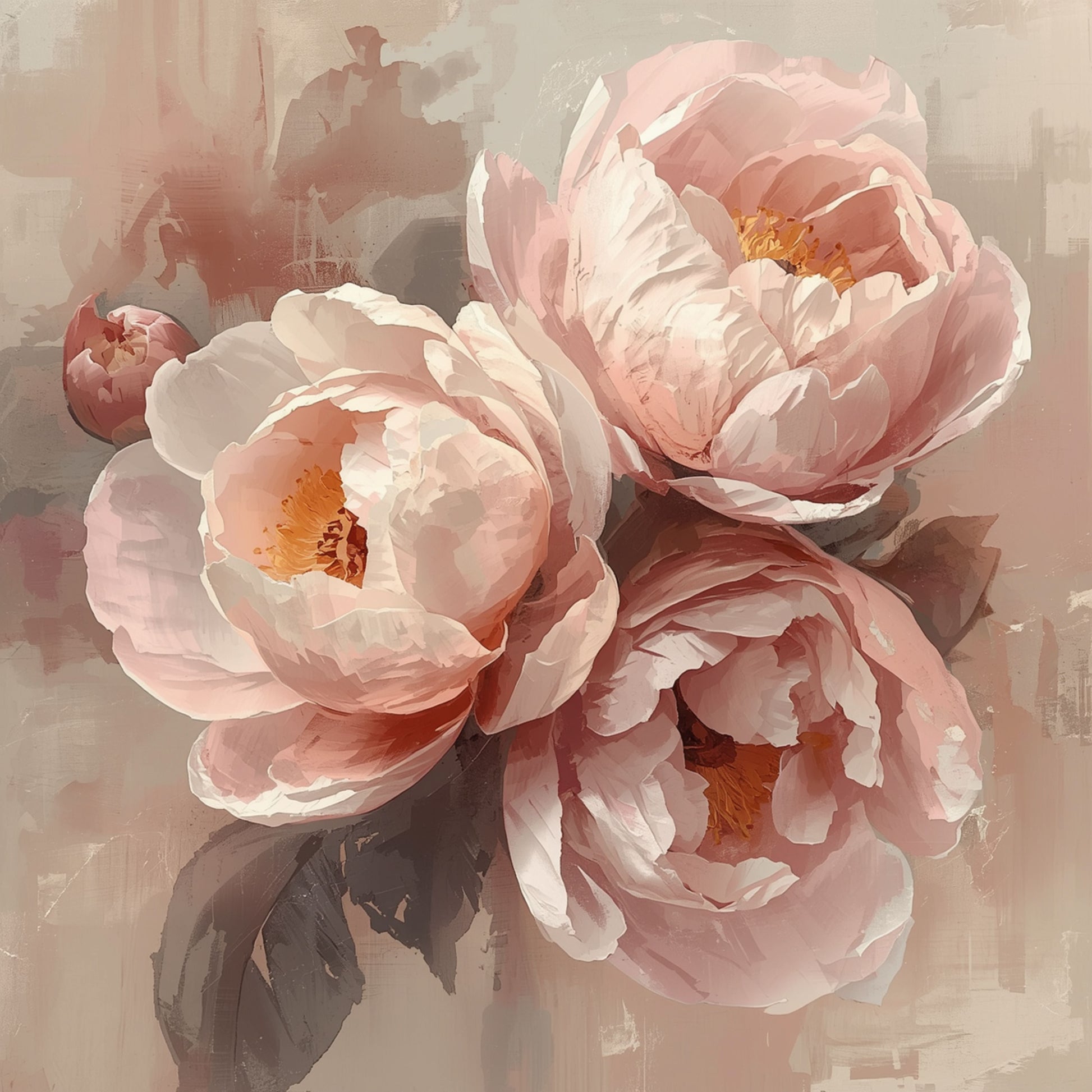 Schilderij met zachte roze pioenen in volle weelderige bloei met delicate bloembladen en zachte groene bladeren op warme beige achtergrond – romantisch botanisch wall art print voor de slaapkamer
