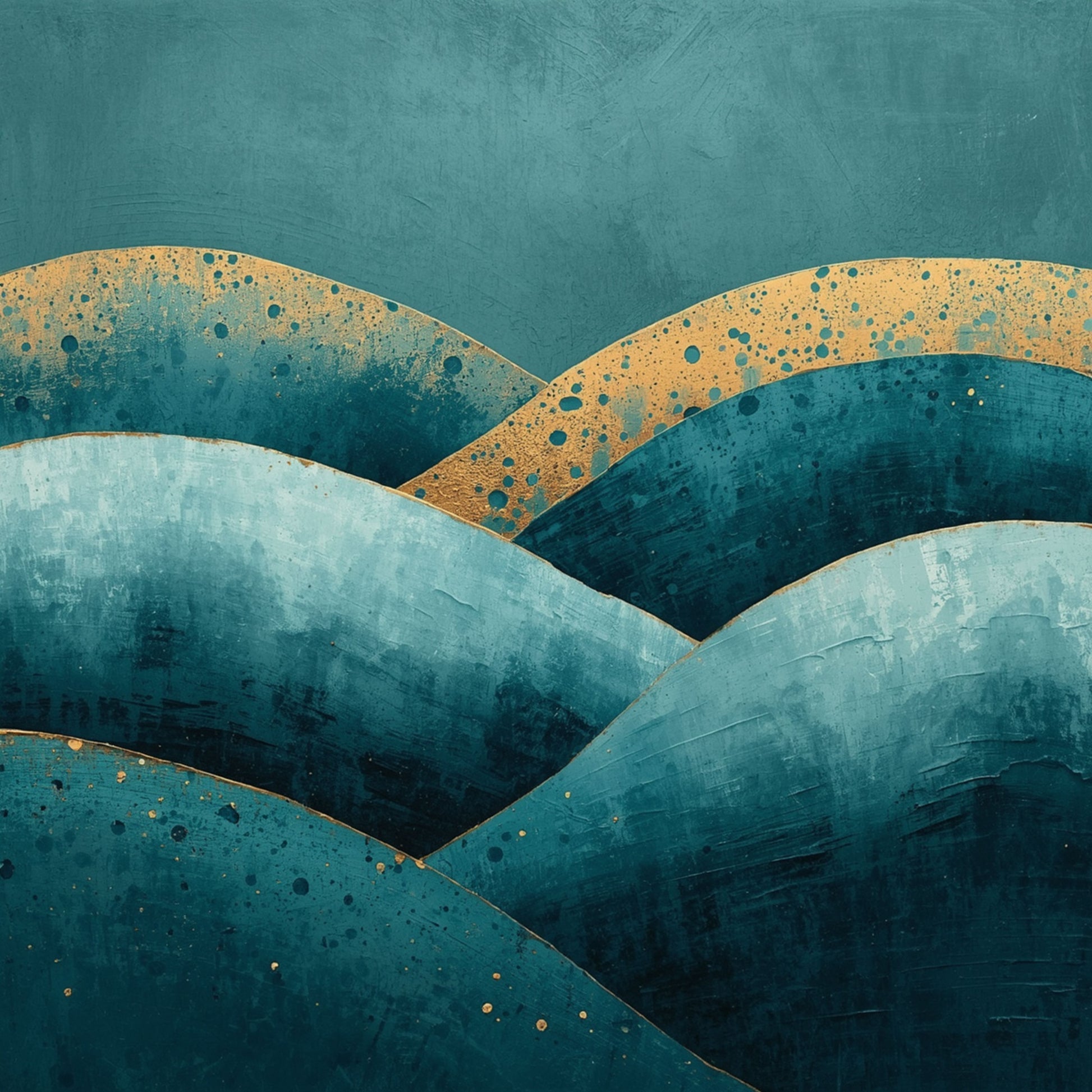 Abstract schilderij met weelderige ronde teal en petrolblauwe golven met gouden spikkels en een warme gouden lichtband die door de compositie loopt op donkere achtergrond – luxueus sereen wall art print voor de slaapkamer
