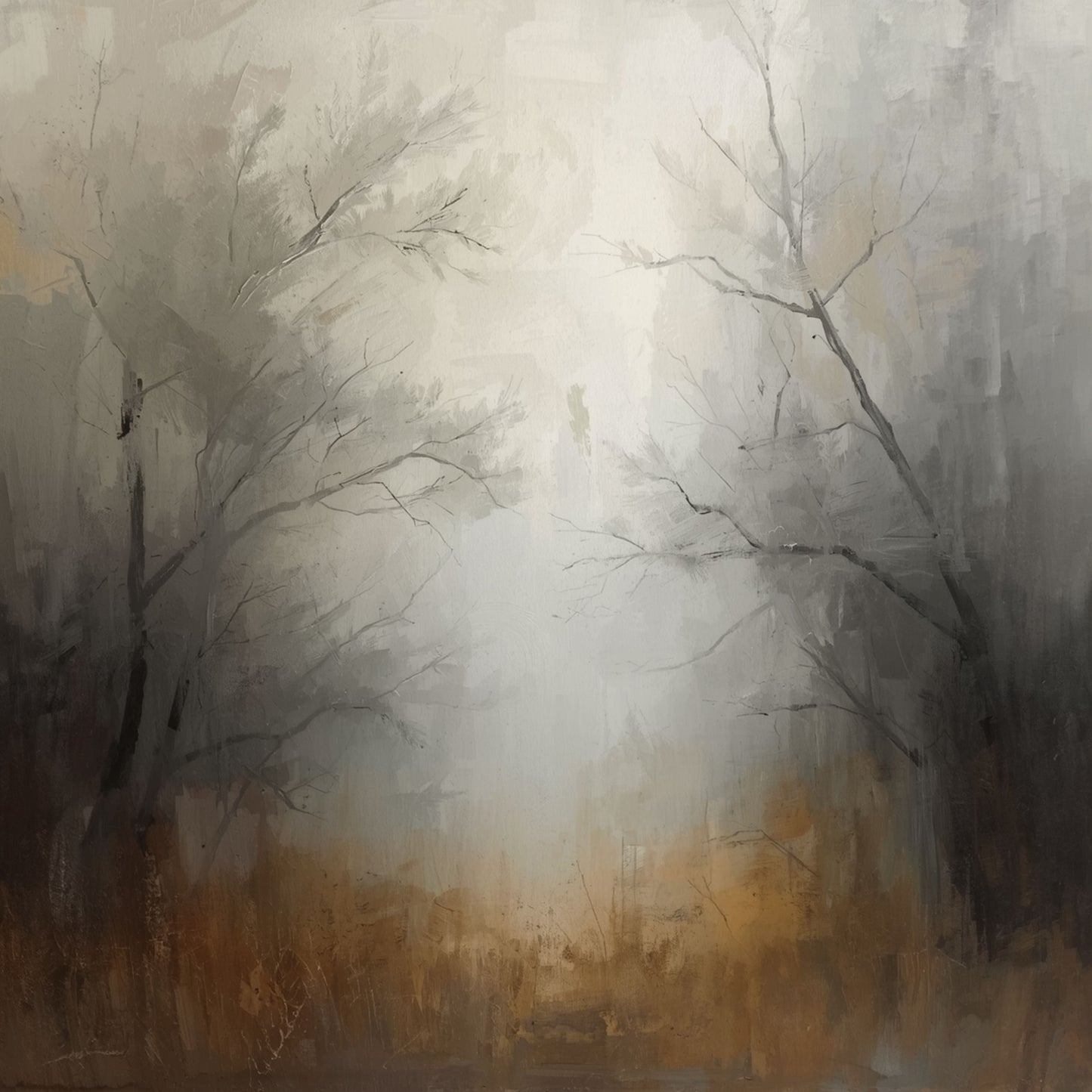 Abstract boslandschap schilderij met slanke kale bomen die oplossen in een warme bruine en beige mistsfeer met zachte crème en grijze tinten – dromerig sereen wall art print voor de slaapkamer
