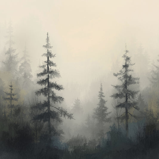 Sfeervol schilderij met hoge slanke dennenbomen die oplossen in een koele grijze en beige mistsfeer met zachte lichtgloed aan de horizon – sereen atmosferisch wall art print voor de slaapkamer
