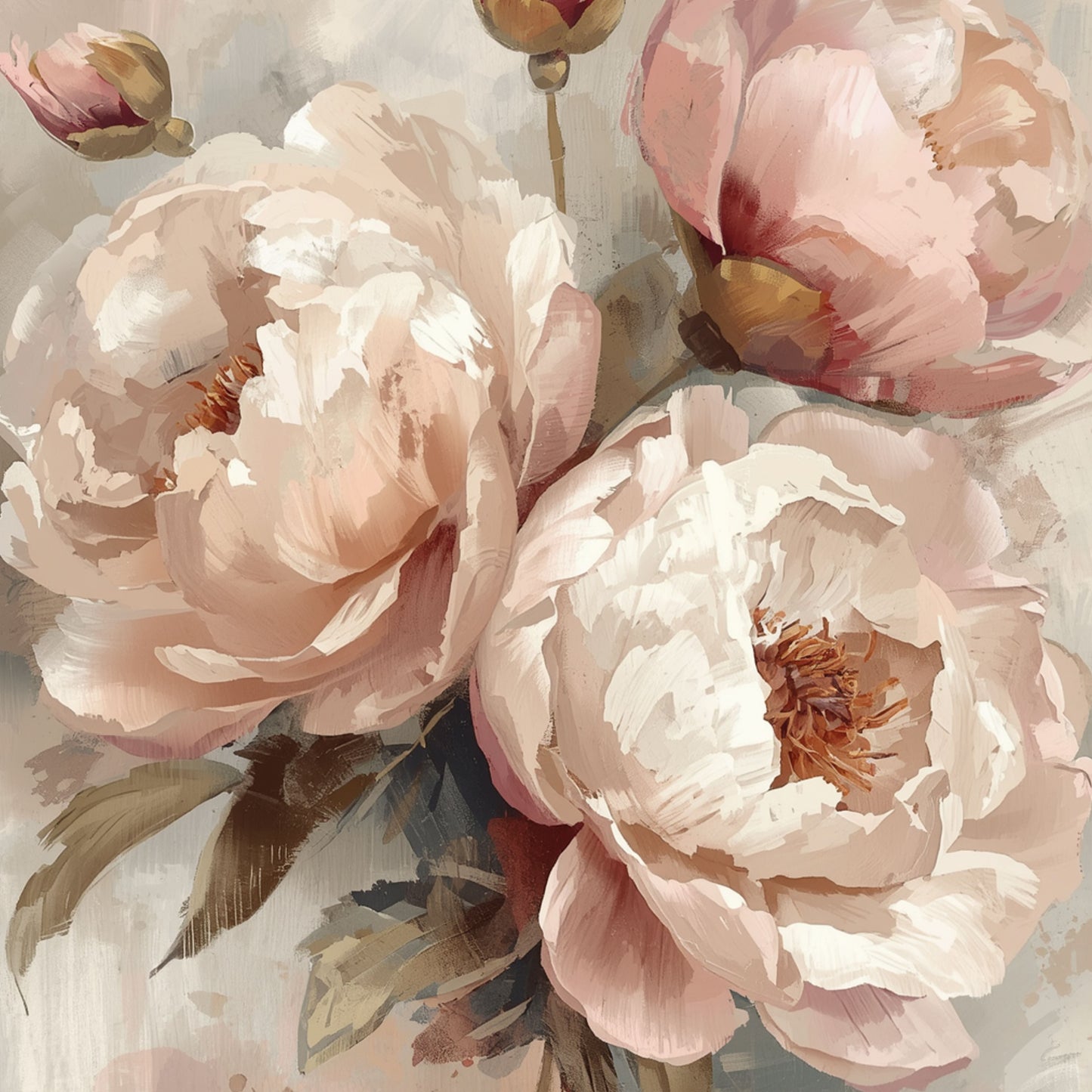Weelderig close-up schilderij met grote poederroze en crèmewitte pioenen in volle uitbundige bloei met zachte bloembladen en subtiele bruine hartjes op zachte beige achtergrond – romantisch botanisch wall art print voor de slaapkamer
