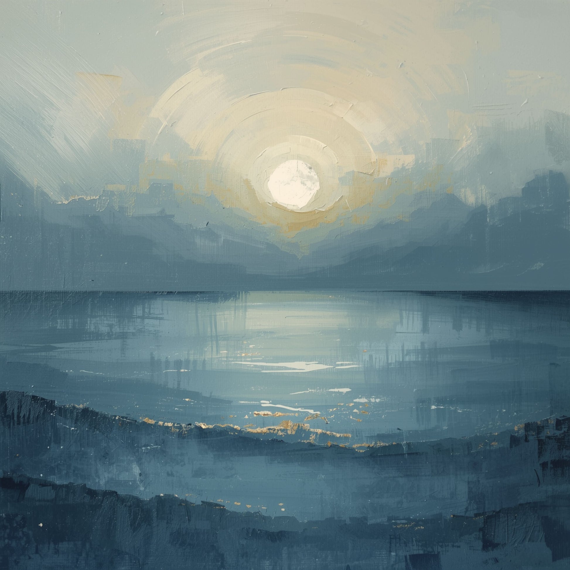 Abstract zeeschilderij met zachte witte maan boven mistige blauwe zeehorizon met golvende waterlagen in diepe grijsblauwe en staalblauw tinten – dromerig sereen wall art print voor de slaapkamer
