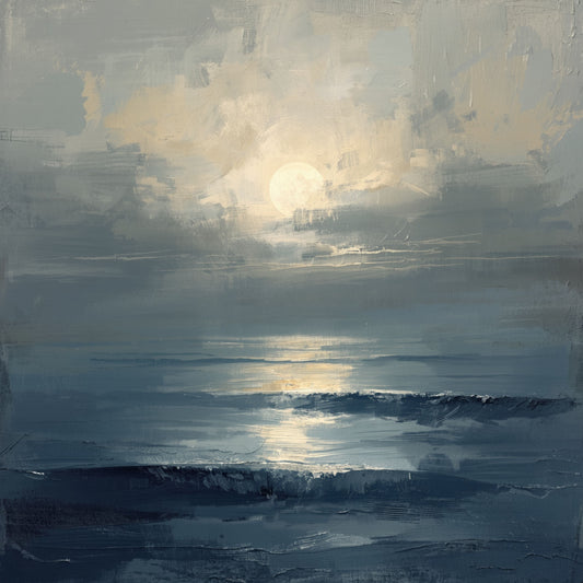 Sfeervol zeeschilderij met grijsblauw kalm water en gouden maangloed die door een zwaar bewolkte lucht breekt met zachte lichtreflecties op het wateroppervlak – cinematisch olieverf wall art print voor de slaapkamer
