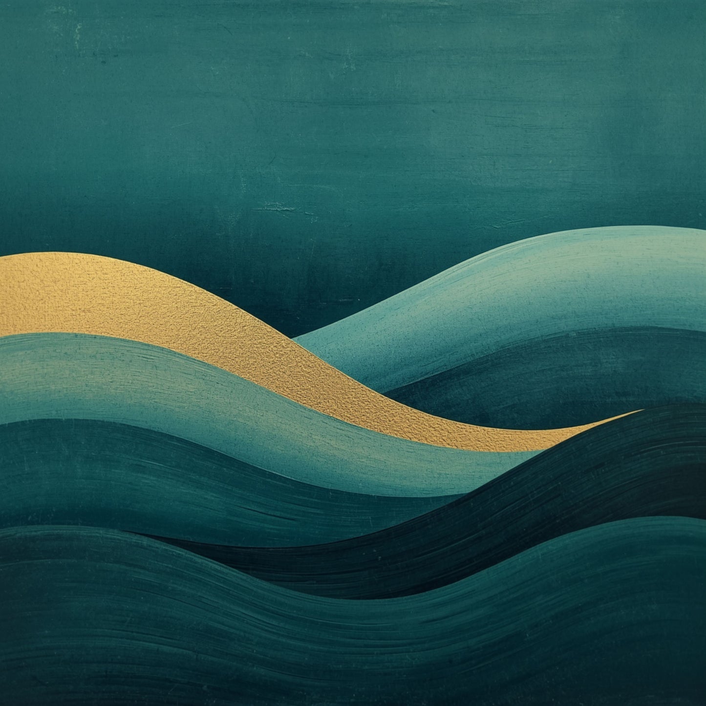 Abstract schilderij met vloeiende smaragdgroene en mintgroene golven met warme gouden lichtlijn op diepe donkergroene achtergrond – sereen luxueus wall art print voor de slaapkamer
