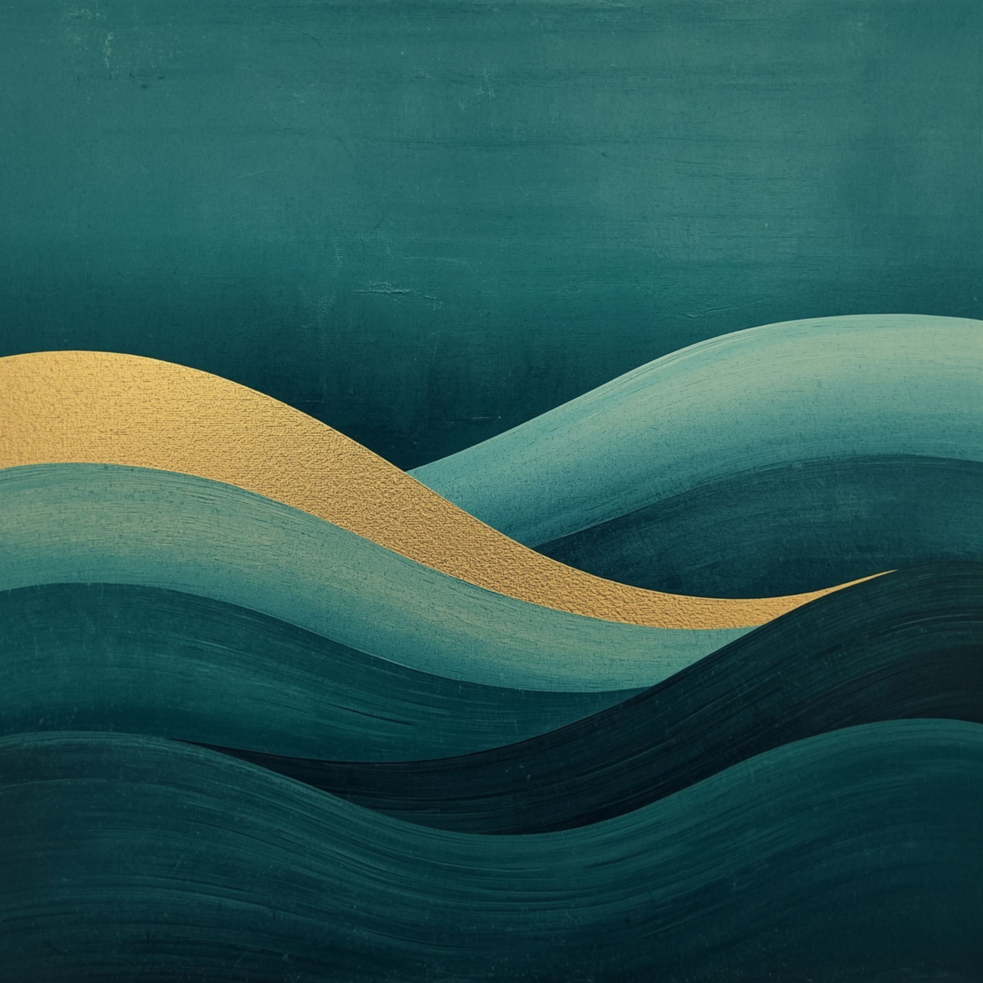 Abstract schilderij met vloeiende smaragdgroene en mintgroene golven met warme gouden lichtlijn op diepe donkergroene achtergrond – sereen luxueus wall art print voor de slaapkamer

