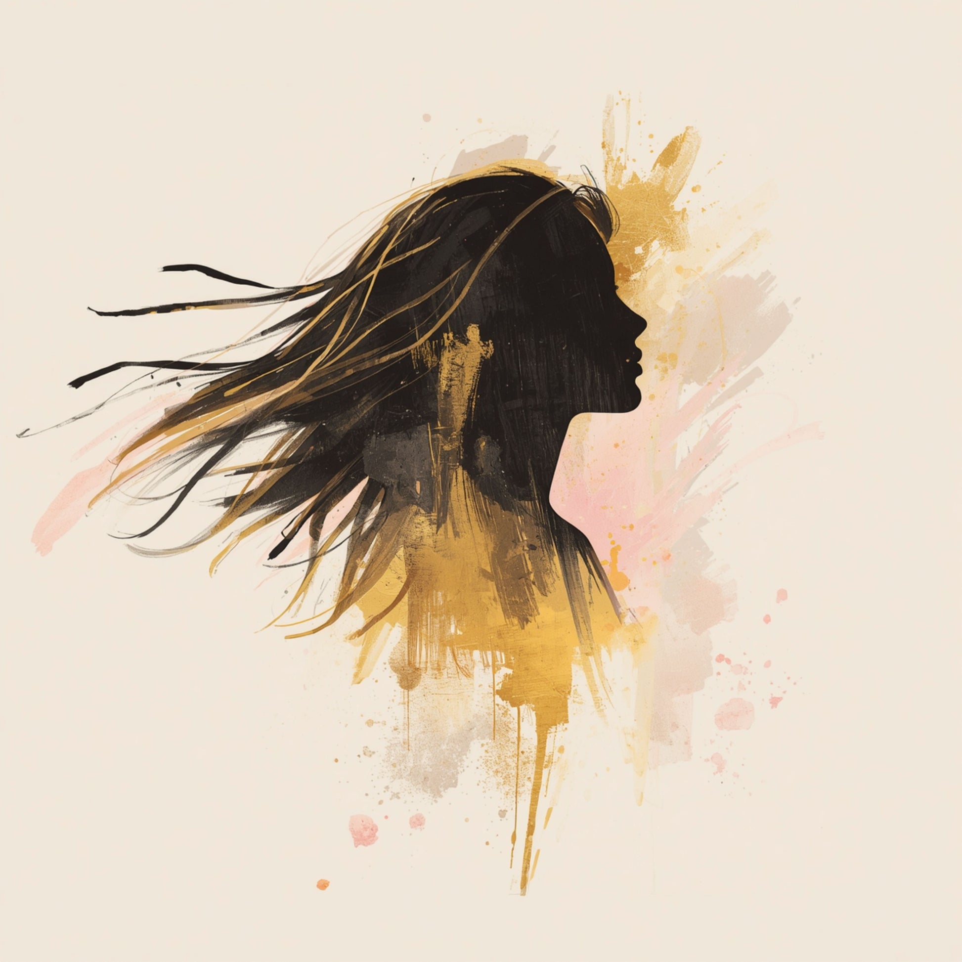 Expressief schilderij met zwart vrouwelijk profielsilhouet met wapperende haren en gouden en okergele verfspetters op witte achtergrond – modern vrouwelijk wall art print voor de slaapkamer
