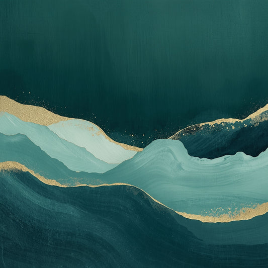 Abstract schilderij met vloeiende golvende berglagen in diepe teal en mintgroene tinten met subtiel gouden lichtaccent op donkere teal achtergrond – sereen luxueus wall art print voor de slaapkamer
