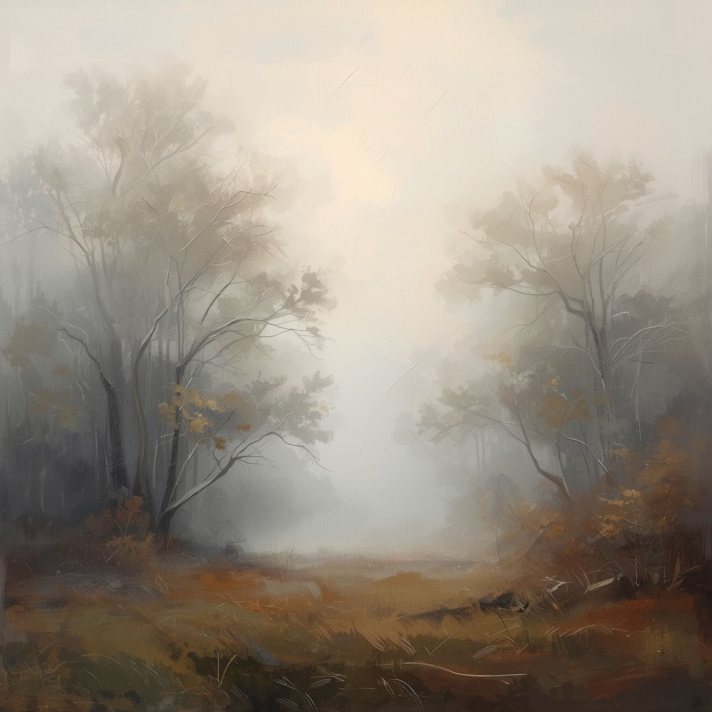 Sfeervol schilderij met smal kronkelend pad dat verdwijnt in een mistig herfstbos met slanke bomen en warme bruine en beige tinten op donkere aardse ondergrond – dromerig atmosferisch wall art print voor de slaapkamer

