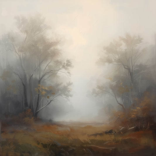 Sfeervol schilderij met smal kronkelend pad dat verdwijnt in een mistig herfstbos met slanke bomen en warme bruine en beige tinten op donkere aardse ondergrond – dromerig atmosferisch wall art print voor de slaapkamer
