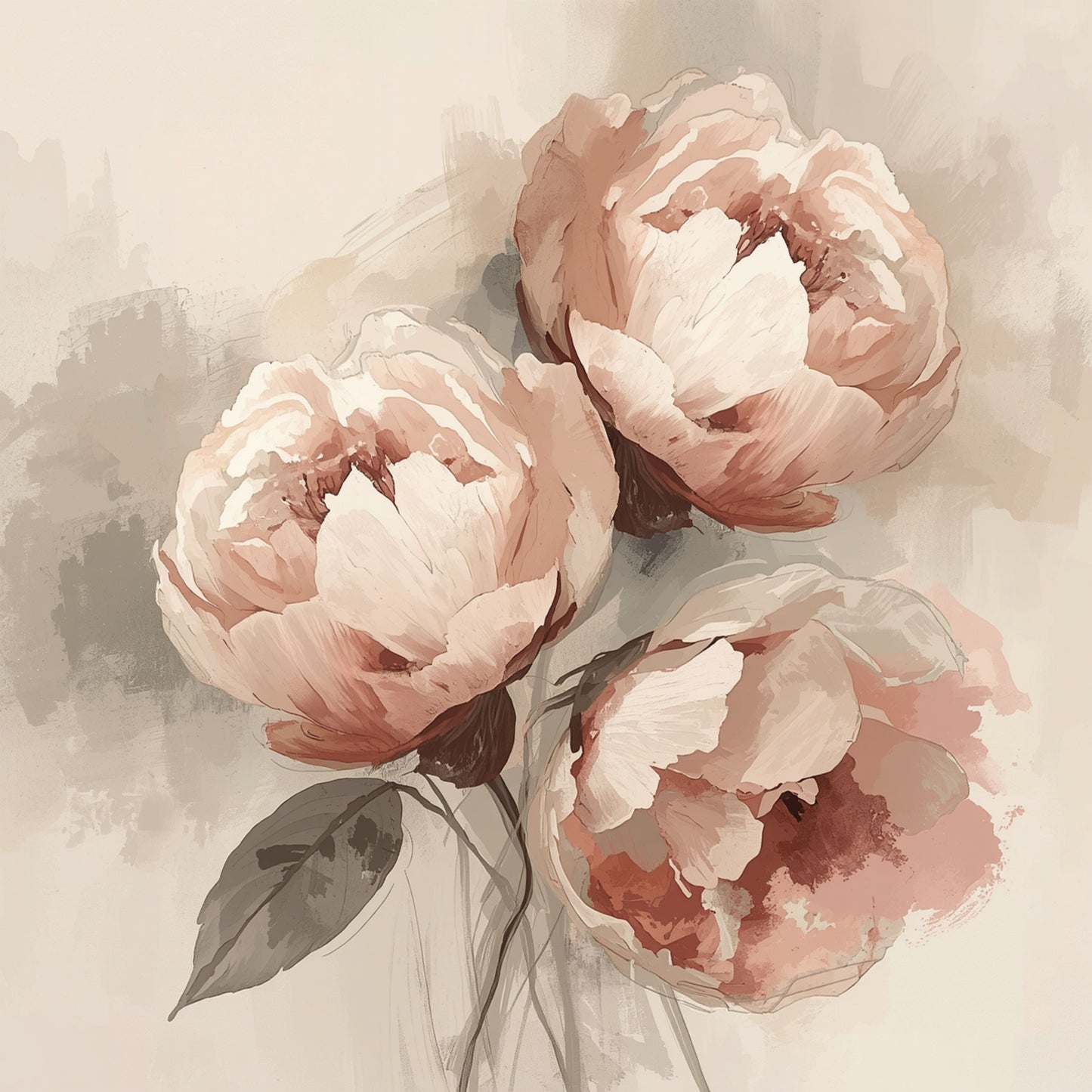 Romantisch schilderij met weelderig boeket zachte roze en poederroze pioenen met groene bladeren op warme beige achtergrond – botanisch fotorealistisch wall art print voor de slaapkamer
