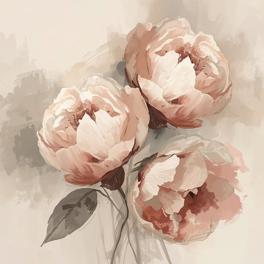 Romantisch schilderij met weelderig boeket zachte roze en poederroze pioenen met groene bladeren op warme beige achtergrond – botanisch fotorealistisch wall art print voor de slaapkamer
