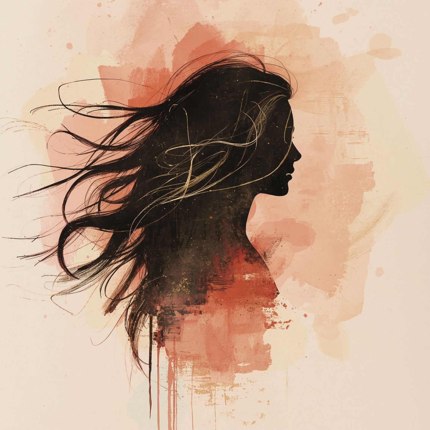 Expressief schilderij met zwart vrouwelijk profielsilhouet met wapperende haren omgeven door zachte roze en perzikkleurige aquarel verfwolk op witte achtergrond – romantisch vrouwelijk wall art print voor de slaapkamer
