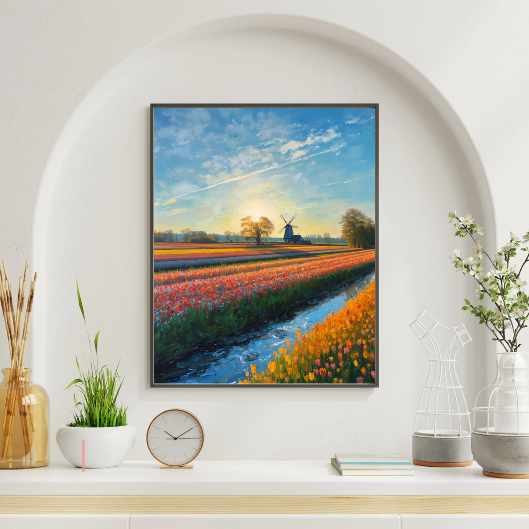 Tulpenveld zonsopgang schilderij in witte lijst aan witte muur boven witte schoorsteenmantel met klok en decoraties – impressionistisch wall art woonkamer
