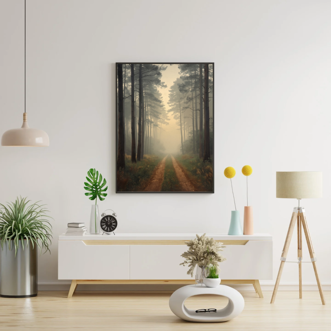 Veluwe dennenbos zandpad schilderij in donkere lijst aan witte muur boven wit tv-meubel met plant en lamp in lichte woonkamer – cinematisch olieverf wall art

