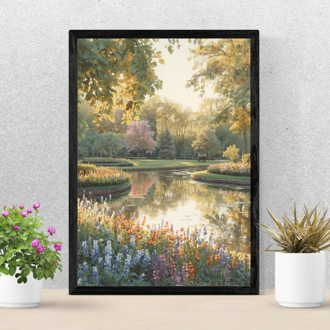 Veluwe parkvijver schilderij in zwarte lijst aan witte muur naast witte pot met plant op lichte vloer – impressionistisch wall art woonkamer
