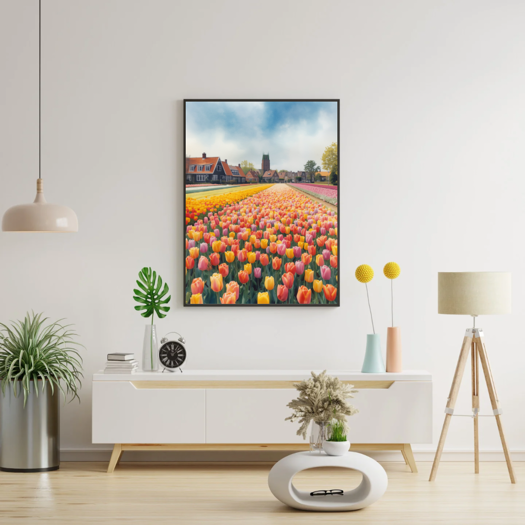 Hollands tulpenveld schilderij in witte lijst aan witte muur boven wit tv-meubel met plant en lamp in lichte woonkamer – aquarel wall art
