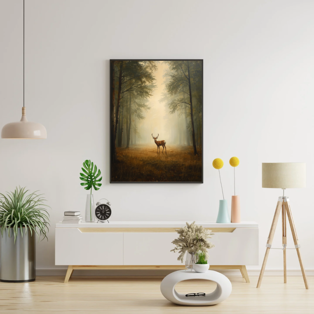 Veluwe bos edelhert schilderij in donkere lijst aan witte muur boven wit tv-meubel met plant en lamp in lichte woonkamer – cinematisch olieverf wall art
