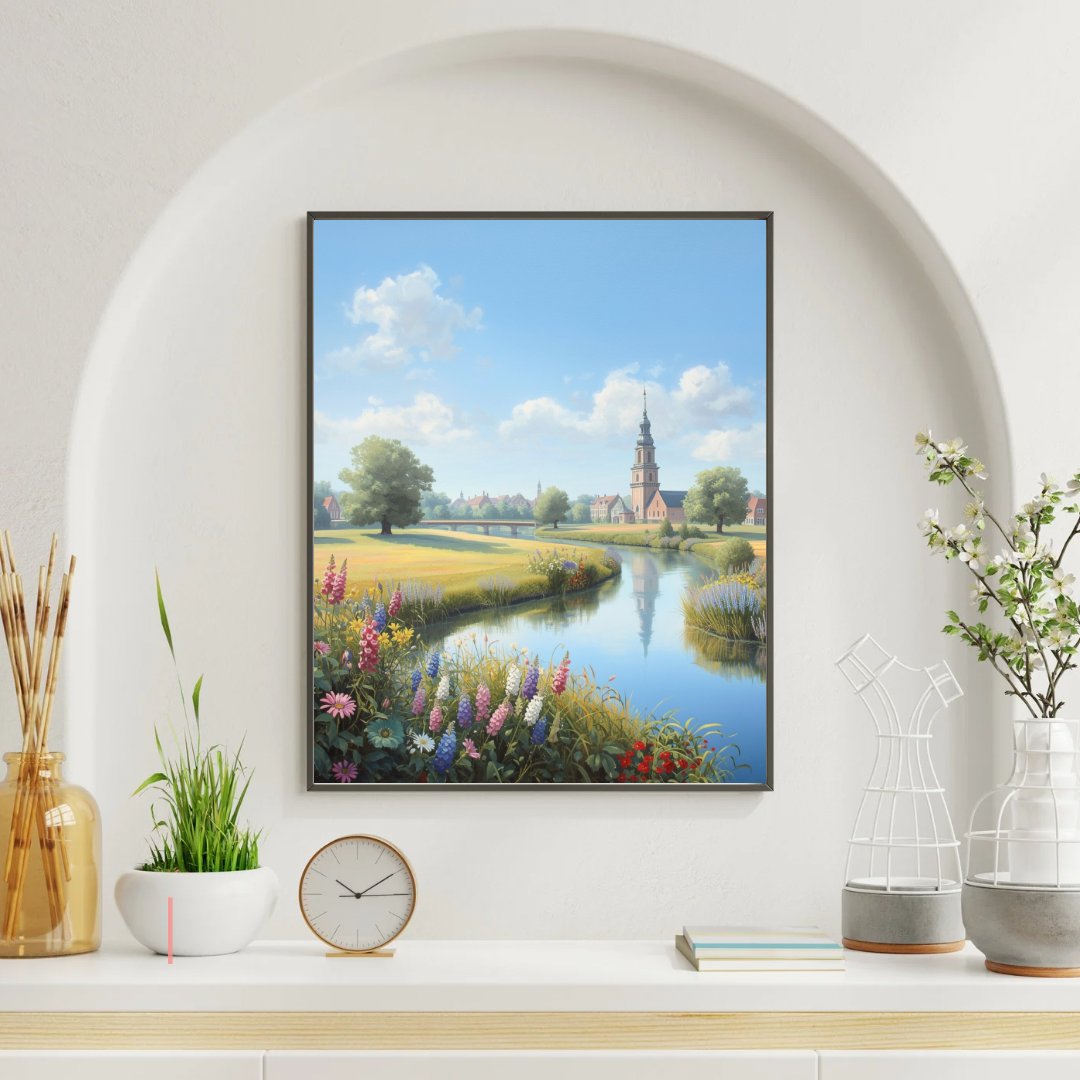 Apeldoorn polder schilderij in witte lijst aan witte muur in boogvormige nis met klok en decoraties op schoorsteenmantel – realistisch wall art woonkamer

