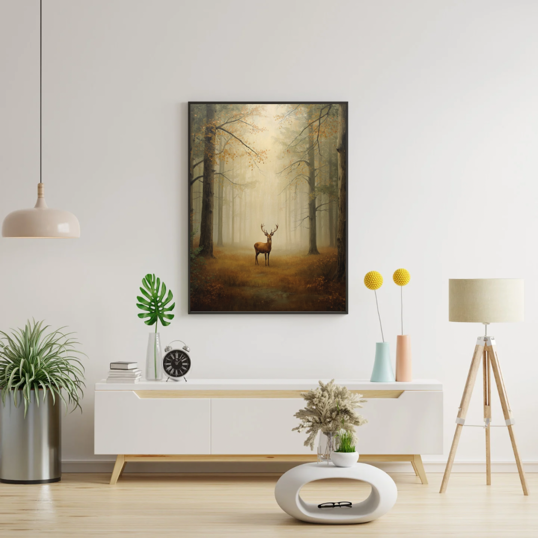 Herfstbos hert bospad schilderij in donkere lijst aan witte muur boven wit tv-meubel met plant en lamp in lichte woonkamer – cinematisch olieverf wall art
