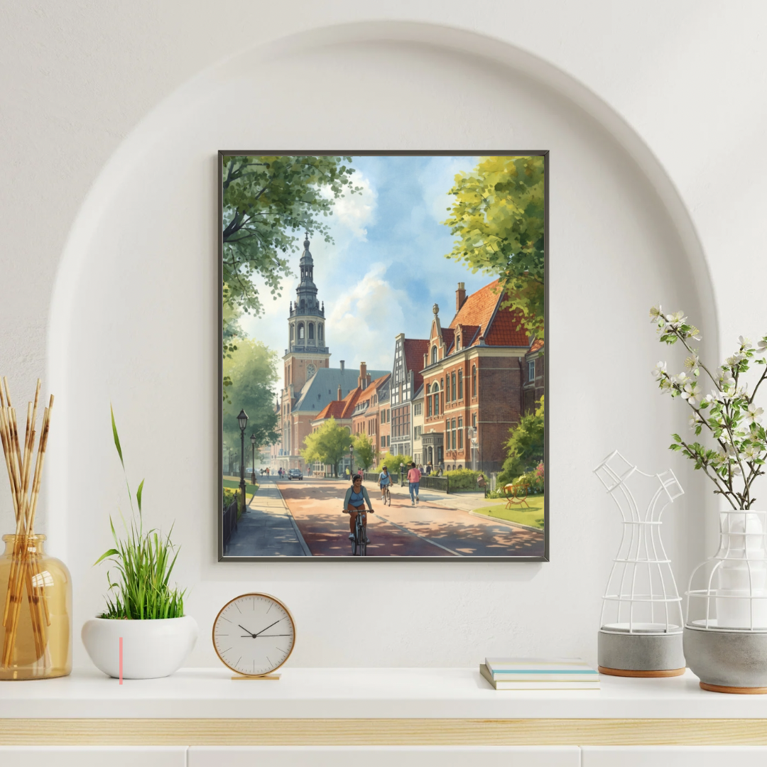 Apeldoorn straatlaan schilderij in witte lijst aan witte muur boven witte schoorsteenmantel met klok en decoraties – aquarel wall art woonkamer
