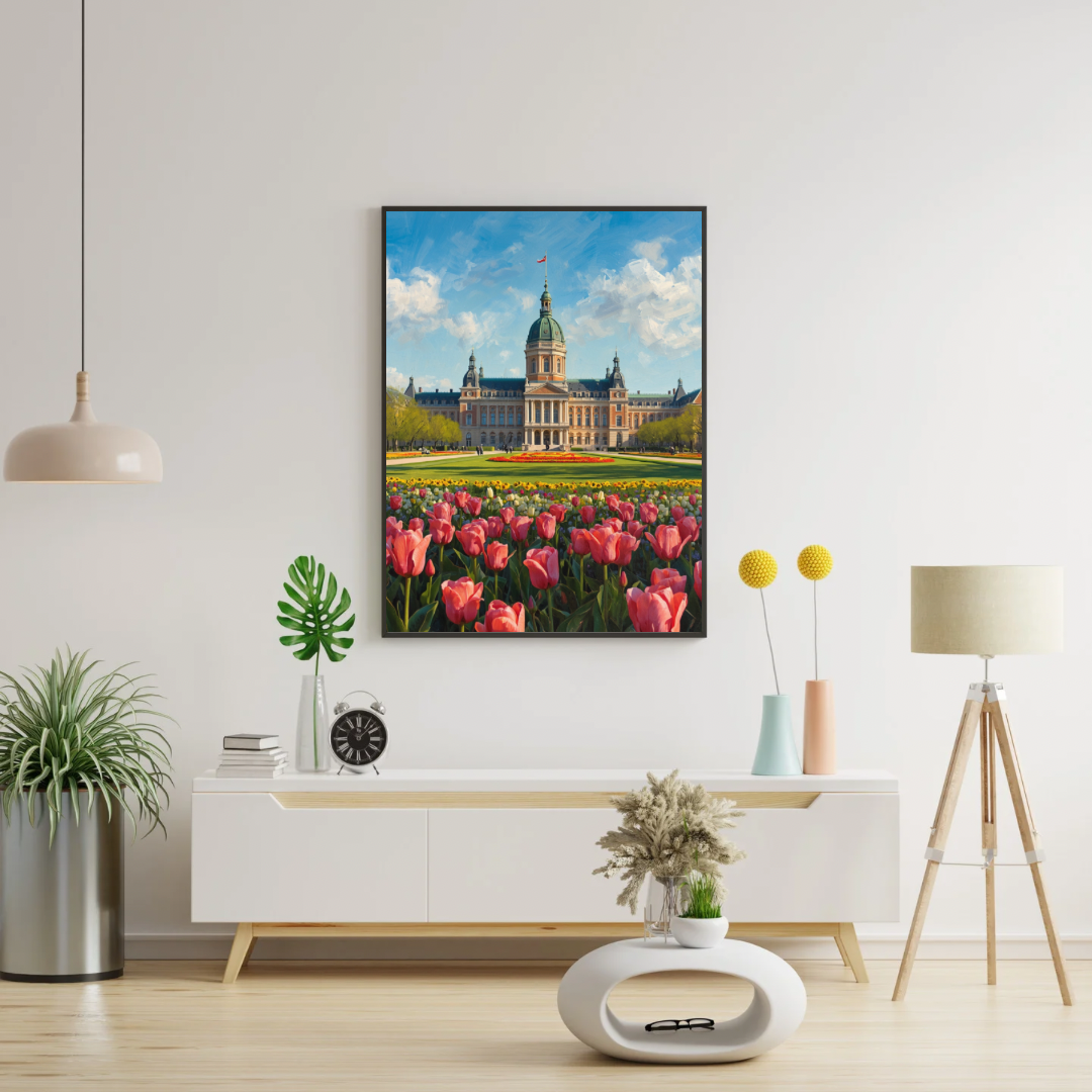 Apeldoorn paleis schilderij in witte lijst aan witte muur boven wit tv-meubel met plant en lamp in lichte woonkamer – realistisch wall art
