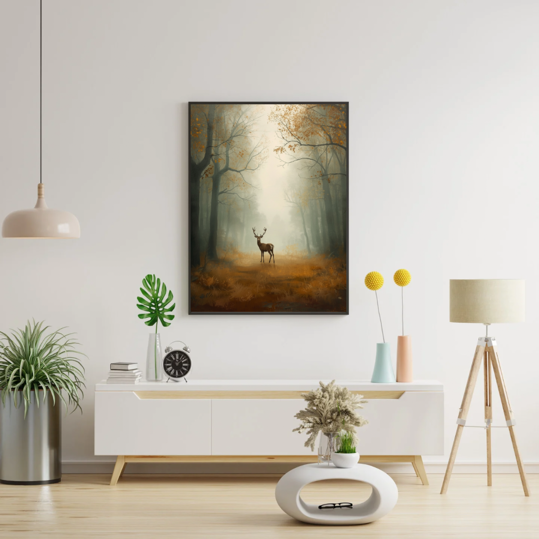 Herfstbos hert schilderij in donkere lijst aan witte muur boven wit tv-meubel met plant en lamp in lichte woonkamer – cinematisch olieverf wall art
