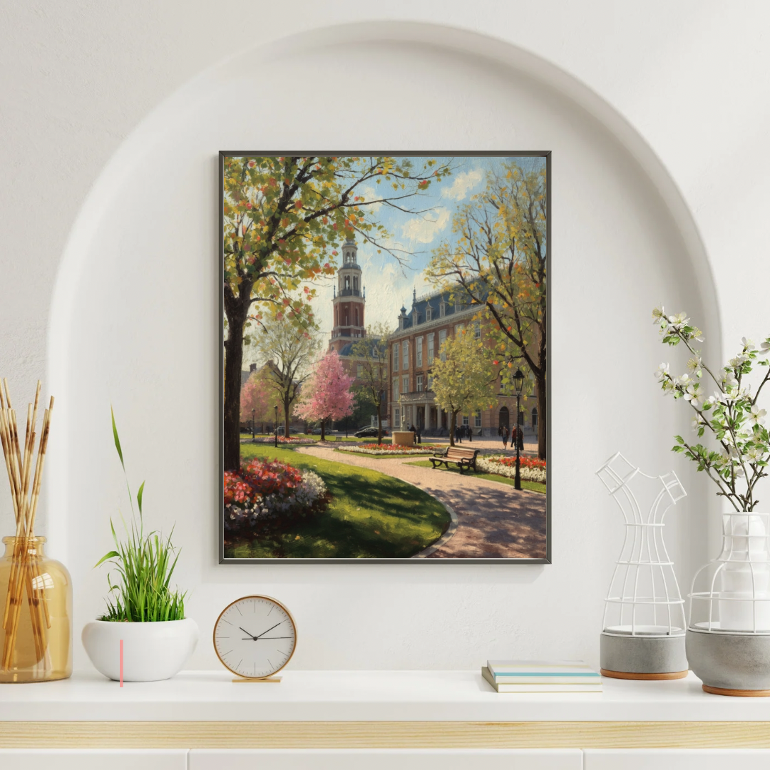Apeldoorn stadspark schilderij in witte lijst aan witte muur in boogvormige nis met klok en decoraties op schoorsteenmantel – impressionistisch wall art woonkamer
