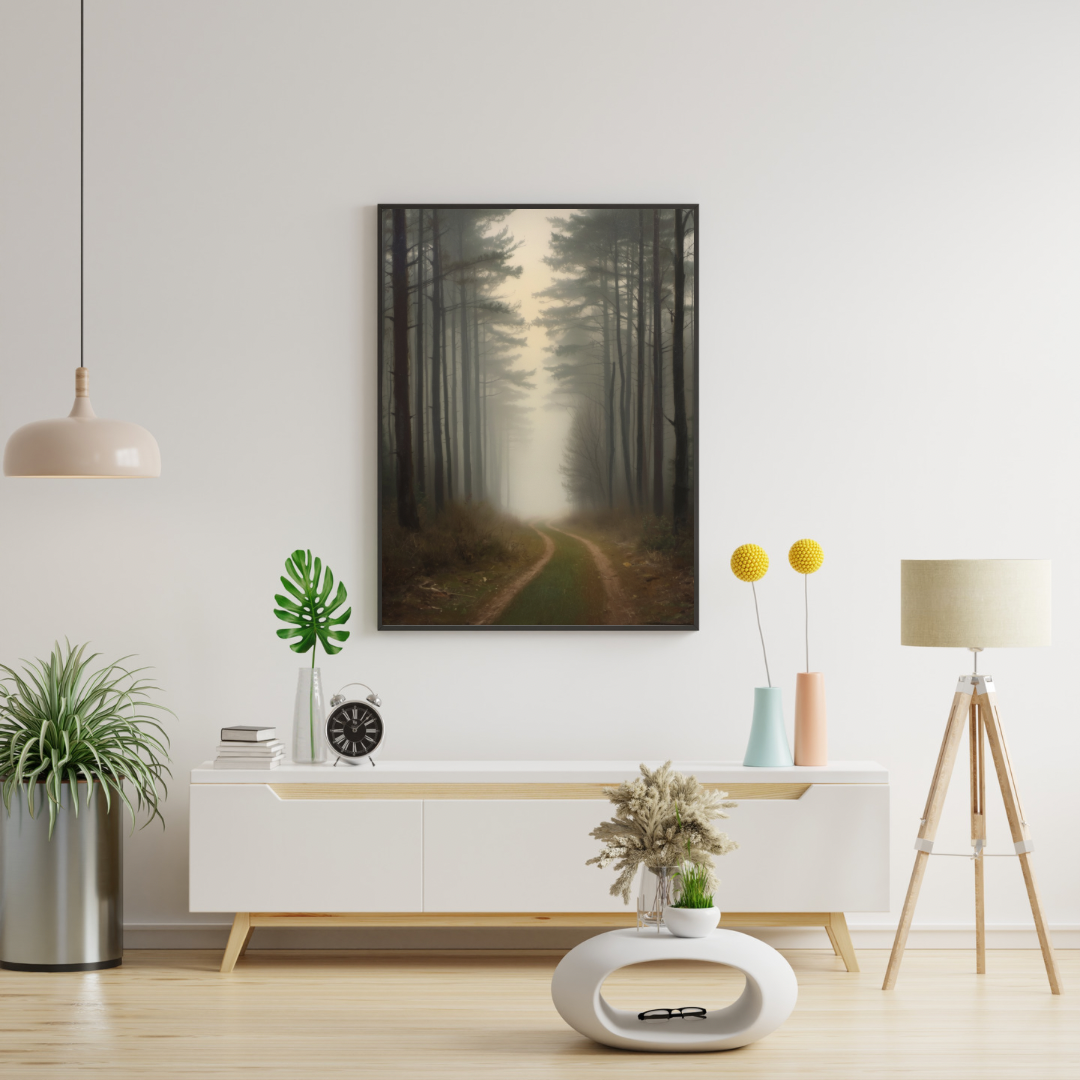 Veluwe dennenbos schilderij in donkere lijst aan witte muur boven wit tv-meubel met plant en decoraties in lichte woonkamer – cinematisch olieverf wall art
