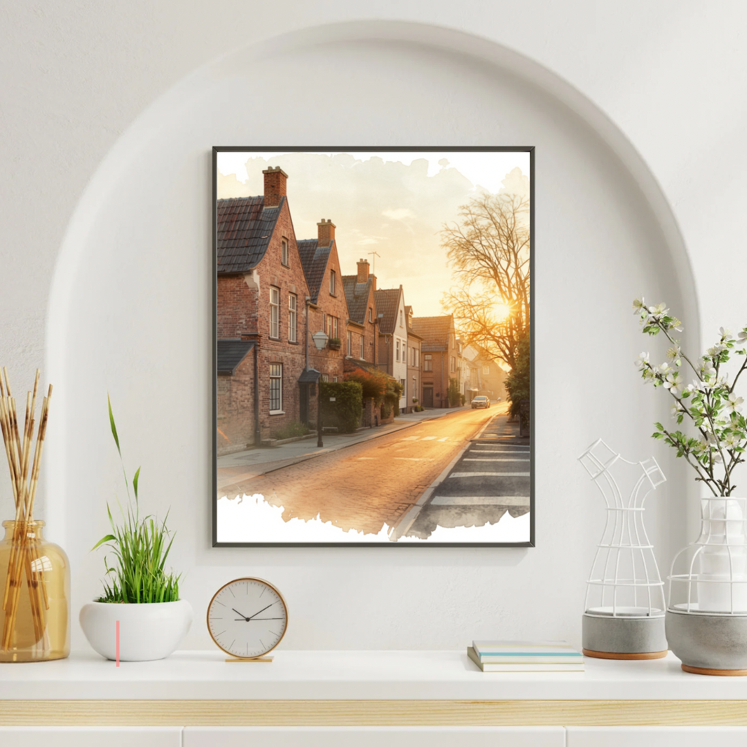 Apeldoorn winterstraat schilderij in zwarte lijst aan witte muur boven witte schoorsteenmantel met klok en decoraties – aquarel wall art woonkamer
