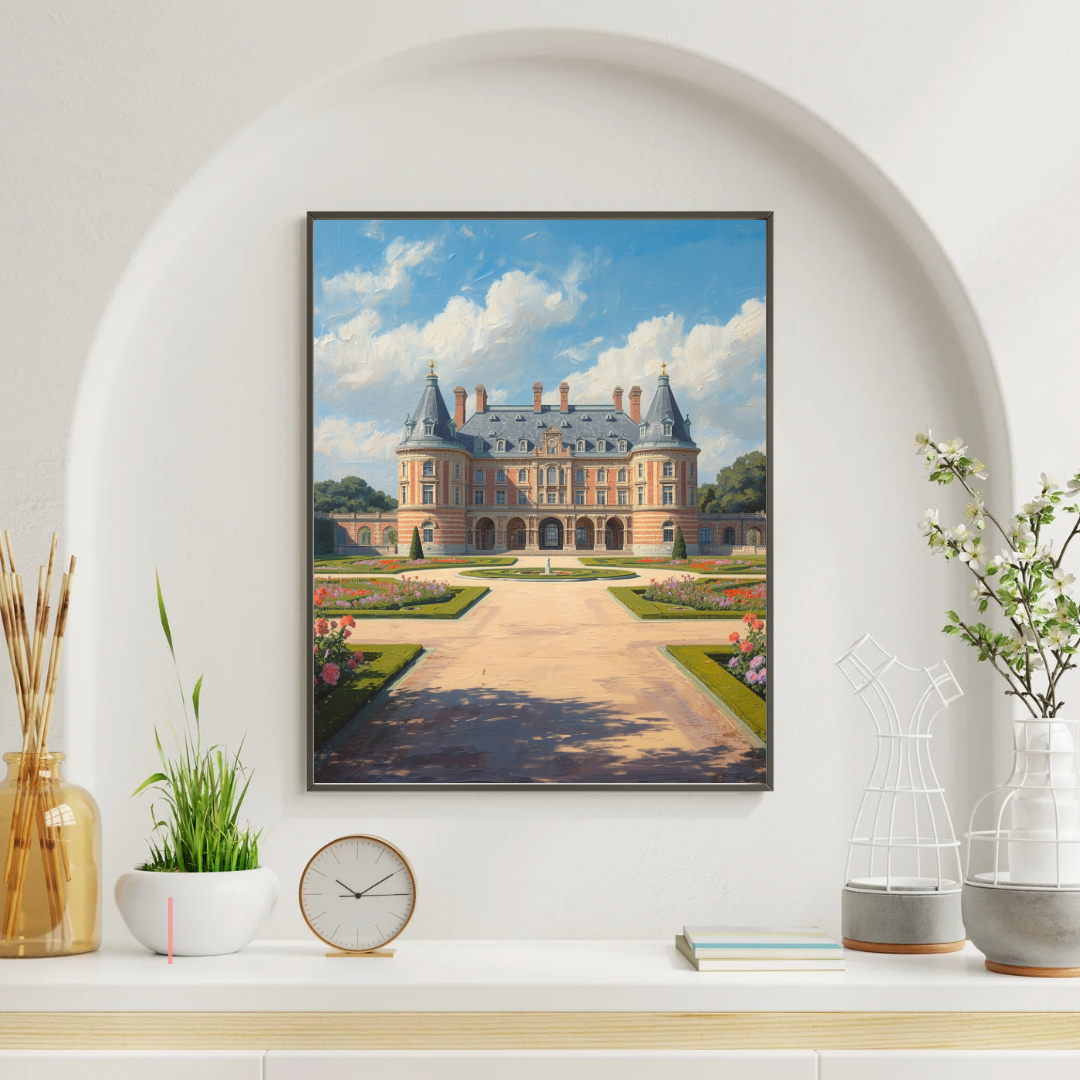 Kasteel tuin schilderij in witte lijst aan witte muur boven witte schoorsteenmantel met klok en decoraties – cinematisch olieverf wall art woonkamer
