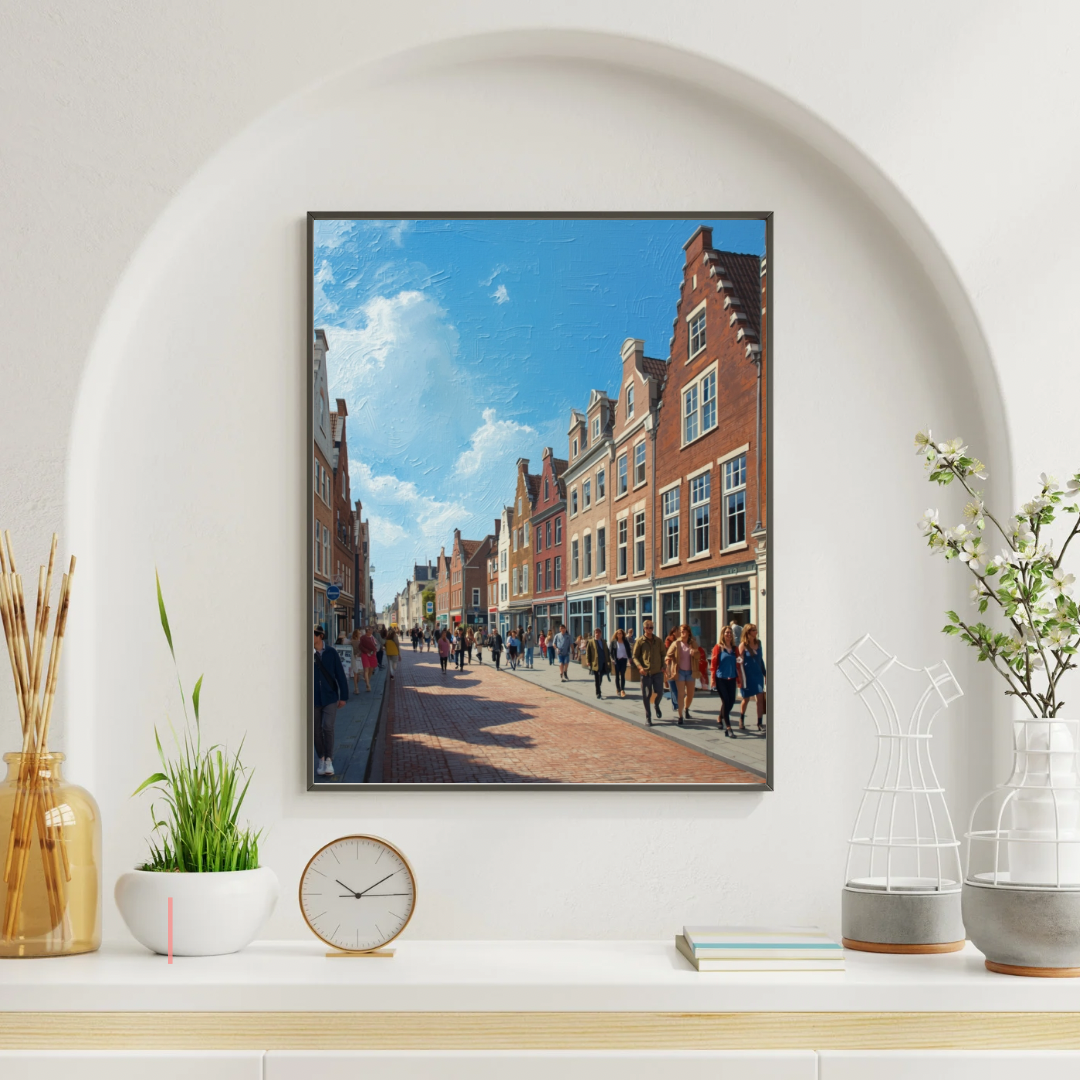 Apeldoorn binnenstad schilderij in witte lijst aan witte muur in boogvormige nis met klok en decoraties op schoorsteenmantel – realistisch wall art woonkamer
