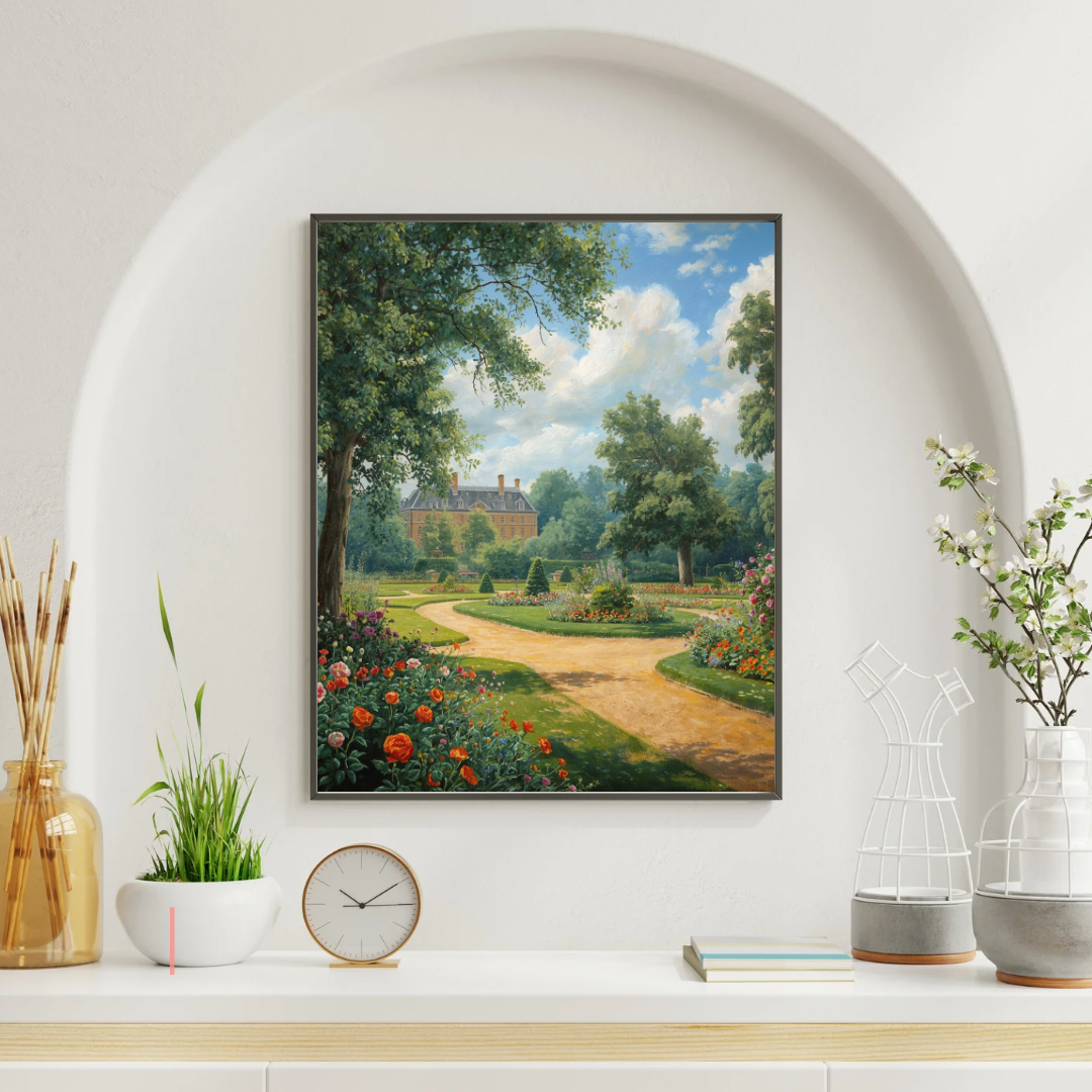 Landgoed tuin schilderij in zwarte lijst aan witte muur boven witte schoorsteenmantel met klok en decoraties – impressionistisch olieverf wall art woonkamer
