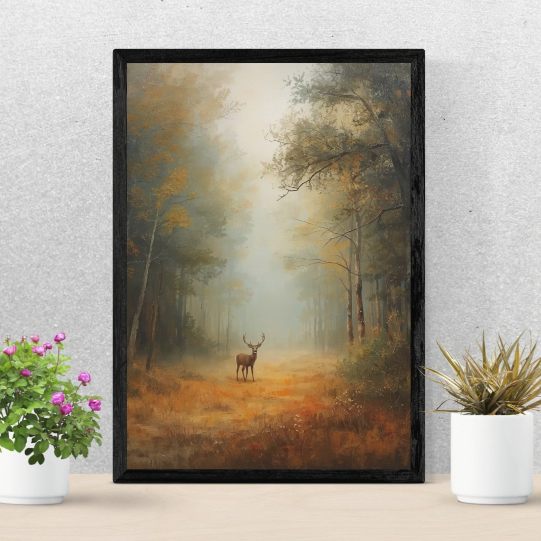 Veluwe bos schilderij met hert in zwarte lijst aan lichtgrijze muur naast witte pot met bloemen op lichte vloer – cinematisch olieverf wall art woonkamer
