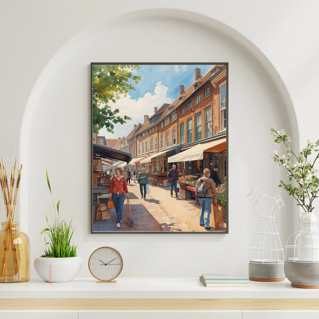 Apeldoorn winkelstraat schilderij in witte lijst aan witte muur boven witte schoorsteenmantel met klok en decoraties – aquarel wall art woonkamer
