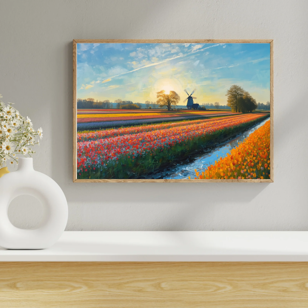 Tulpenveld zonsopgang schilderij in witte lijst aan witte muur naast witte vaas en decoraties op lichte houten vloer – impressionistisch wall art woonkamer
