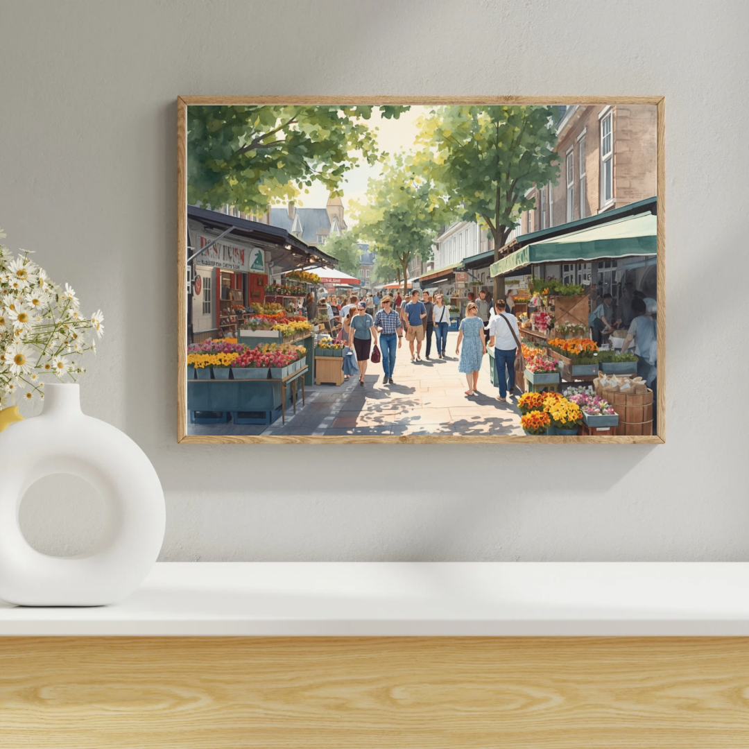 Apeldoorn marktstraat schilderij in witte lijst aan witte muur naast witte vaas en decoraties op lichte houten vloer – aquarel wall art woonkamer
