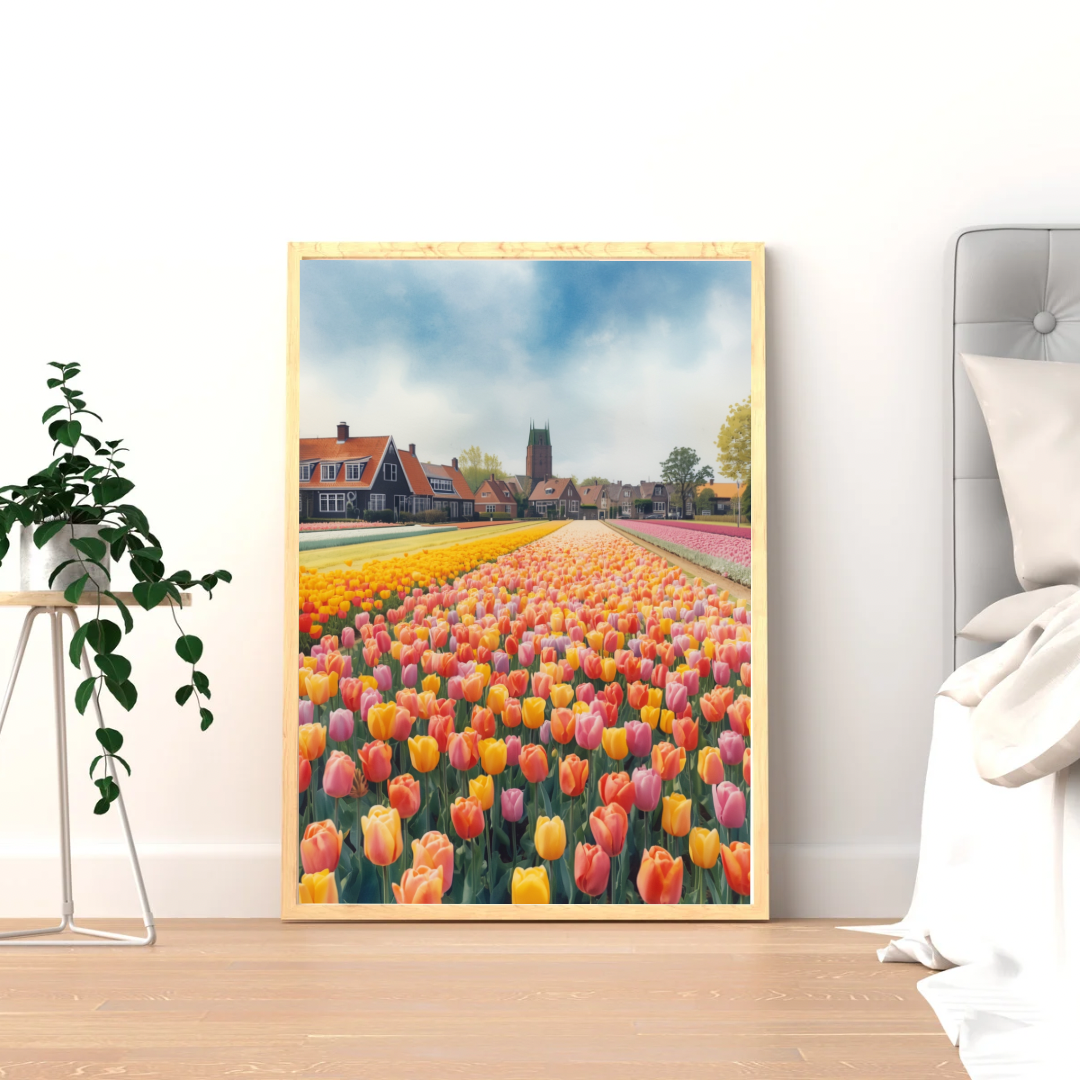 Hollands tulpenveld schilderij in witte lijst staand op lichte houten vloer tegen witte muur naast hangplant en bed – aquarel wall art slaapkamer
