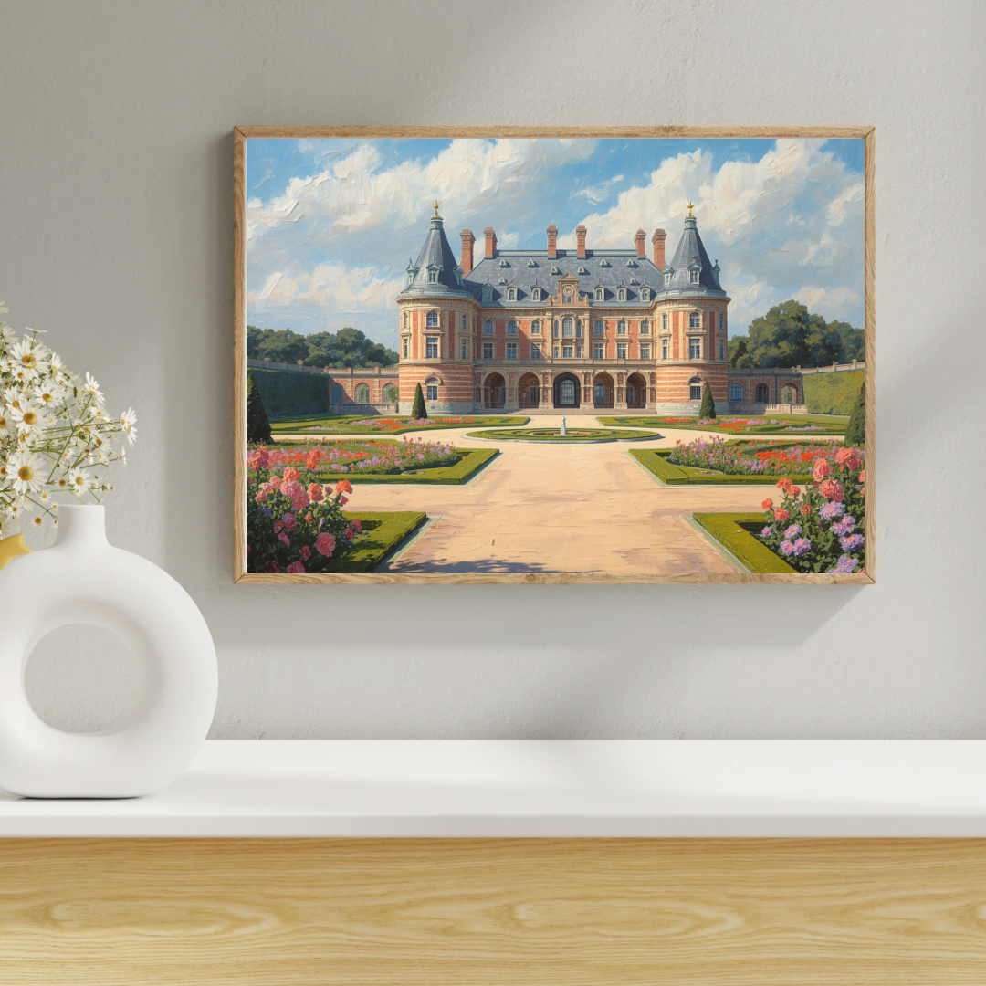 Kasteel tuin schilderij in witte lijst aan witte muur naast witte vaas en decoraties op lichte houten vloer – cinematisch olieverf wall art woonkamer
