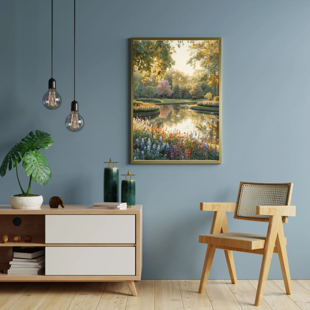 Veluwe parkvijver schilderij in zwarte lijst aan blauwe muur boven wit dressoir met lamp en stoel in moderne woonkamer – impressionistisch wall art
