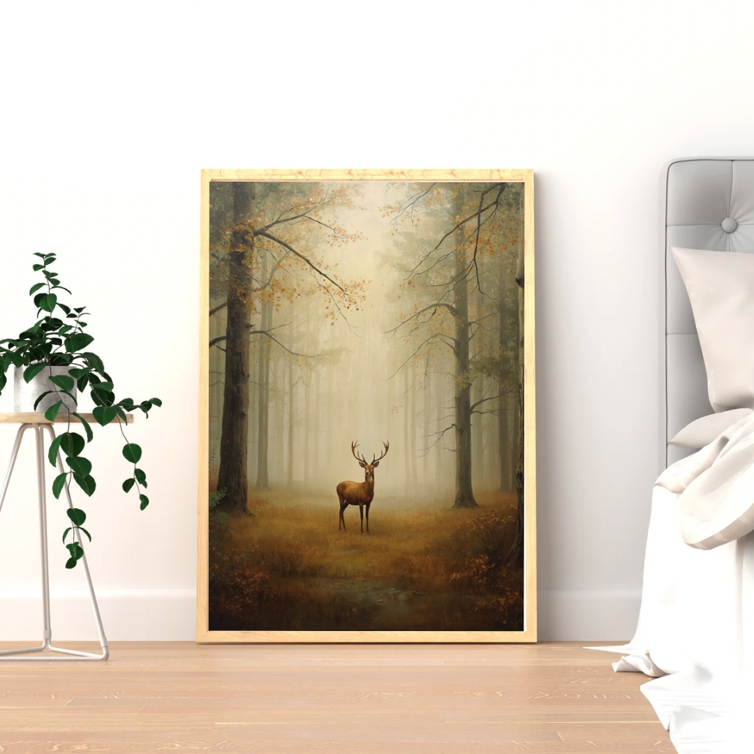 Herfstbos hert bospad schilderij in donkere lijst staand op lichte houten vloer tegen witte muur naast hangplant en bed – cinematisch olieverf wall art slaapkamer

